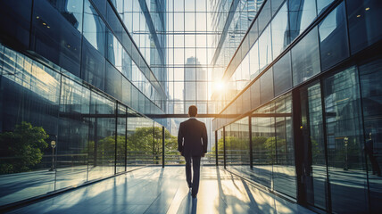 Fototapeta na wymiar business man walking on modern sustainable office buildings with trees and garden