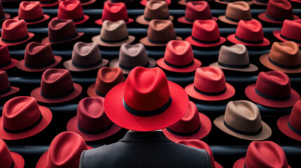 man with red hat in hat shop - obrazy, fototapety, plakaty