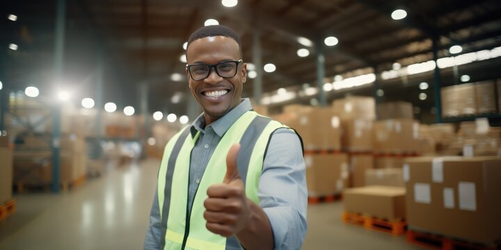 Happy Young male african american engineer wearing safety workwear standing in the factory and thumbs up to appreciate the success of the teamwork. safety first in the industrial plant, generative ai