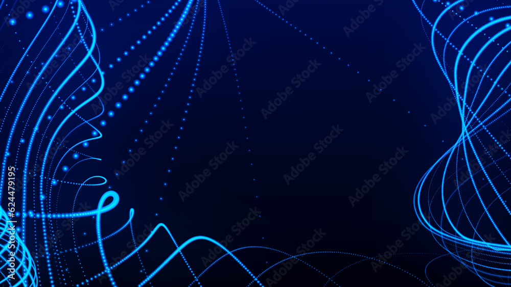 Poster dynamic wave of glowing particles. data flow information. concept of digital communication. technolo