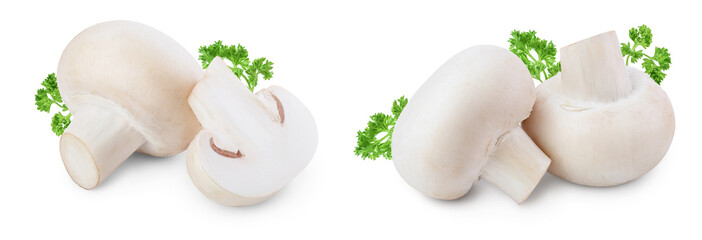 Fresh mushrooms champignon and half isolated on white background