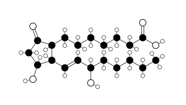 prostaglandin e1 molecule, structural chemical formula, ball-and-stick model, isolated image vasodilating agents