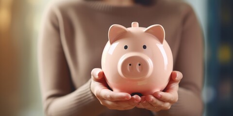 Woman hand holding piggy bank. Save money and financial investment, generative ai - obrazy, fototapety, plakaty
