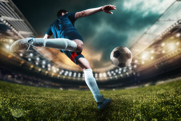 Football scene at night match with player kicking the ball with power