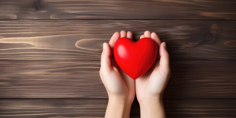 Young women hands holding red heart on wood background, health care, donate and family insurance concept, world heart day, world health day, CSR responsibility, adoption foster family, generative ai