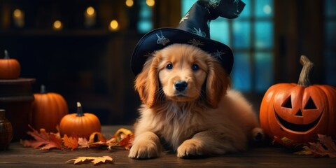 Puppy Dog dressed as a witch for Halloween in autumn background, Happy Halloween Day, generative ai