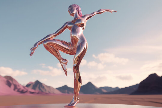 Crome robot woman dancing in the desert. Artificial intelligence rise and shiny. Mechanical beauty. Generated AI.