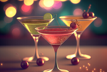 Club cocktails on the table with light. Colorful juicy drinks in glasses. Generated AI.