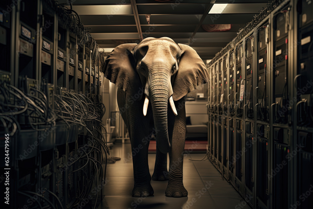Poster Elephant in the server room. Concept of the big data and digital fragility. Generated AI.