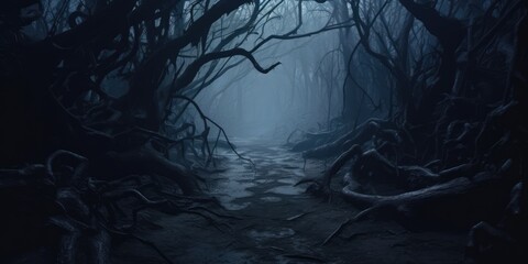 Path through a dark forest autumn fog at night, generative ai