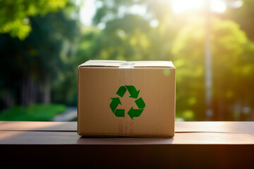 Generative Ai illustration of recycled cardboard box with recycle logo with green forest background