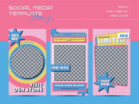 Linear Vaporwave Instagram Post Templates. Social Media Set Design. Abstract Retro Aesthetic Groovy Backgrounds Pack