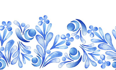 Fototapeta na wymiar Seamless watercolor border. Stylized botanical ornament. Blue color. Folklore, folk, ethnic style.