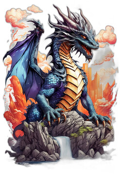 Fantasy dragon with a waterfall on the background. Vector illustration.