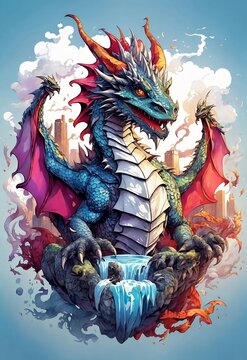 Dragon on the background of the city. Colorful vector illustration.