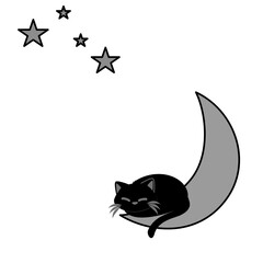 vector black cat baby to sleep on the moon with star. White isolated background. The relax of a black cat
