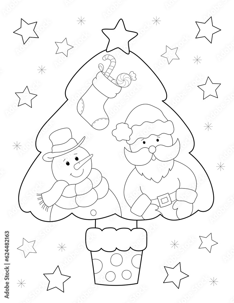 Wall mural black and white christmas tree coloring page with snowman and santa. you can print it on 8.5x11 inch paper