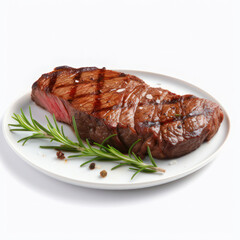 Steak in a plate on a white background. AI generative.