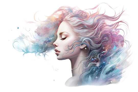 conceptual illustration of a woman with colorful swirling abstract space patterns isolated on a transparent background, generative ai