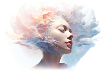 clouds swirling around a woman's head in a conceptual abstract design isolated on a transparent background, generative ai
