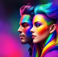 Man and Woman with colorful rainbow pride makeup