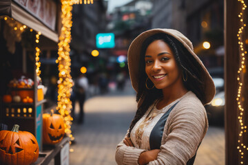 Fototapeta premium Portrait of a smiling young black woman sells souvenirs in a Halloween store. Concept of Halloween celebration. Generative AI