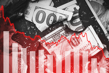 USD bills with overlayed falling sparkline chart. Concept of economic crisis, inflation,  GDP negative growth