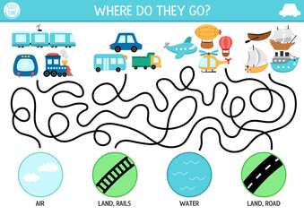 Obraz premium Transportation maze for kids with different kinds of transport, places thy go. Air, land, water transport preschool printable activity. labyrinth game or puzzle with train, cars, planes, ship.