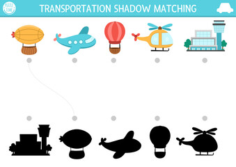Transportation shadow matching activity. Air transport puzzle with cute zeppelin, plane, hot air balloon, helicopter, airport. Find correct silhouette printable worksheet or game. Funny page for kids. © Lexi Claus
