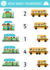 Match the numbers transportation game with school bus. City transport math activity for preschool kids. Educational counting worksheet with cute bus station, pupils. How many passengers.