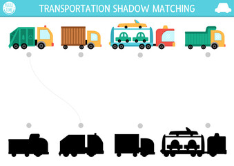 Fototapeta na wymiar Transportation shadow matching activity. Transport puzzle with cute trucks. Find correct silhouette printable worksheet or game. Funny page for kids with lorry.