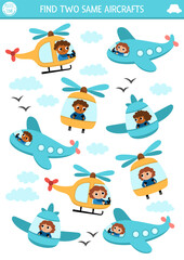 Find two same aircrafts. Transportation matching activity for children. Air transport educational quiz worksheet for kids for attention skills. Simple printable game with cute plane, helicopter.