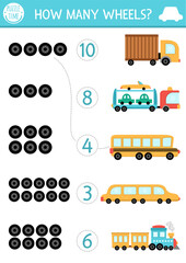 Match the numbers transportation game with vehicles. City transport math activity for preschool kids. Educational counting worksheet with cute truck, school bus, limo, train. How many wheels.