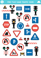 Find two same road signs. Transportation matching activity for children. City traffic educational quiz worksheet for kids for attention skills. Simple printable game road rule plates.