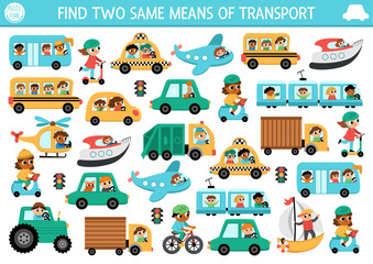 Find two same vehicles. Transportation matching activity for children. City transport educational quiz worksheet for kids for attention skills. Simple printable game with cute car, truck, boat, plane.