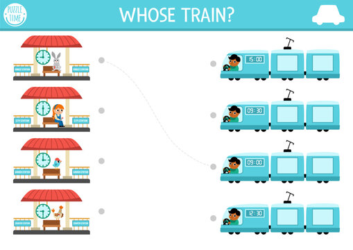 Transportation matching activity with cute train, passengers, station and time concept. City transport puzzle. Match the objects game. Match up page or printable worksheet with vehicles.