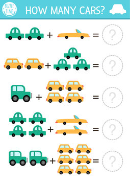 How many cars game. Transportation math addition activity for preschool children. Simple transport printable counting worksheet for kids with cute vehicle.