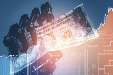 Real robotic hand with one dollar bill and rising sparkline chart. Investment in Artificial intelligence technology