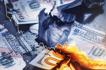 USD bills with overlayed falling sparkline chart. Concept of economic crisis, inflation,  GDP negative growth