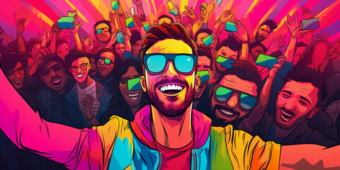 Fototapeta na wymiar Influencer selfie, vibrant pop art style, heavy contrast, bold outlines, influencer in the foreground with a crowd of followers in the background, colorful