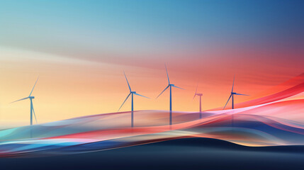 Fototapeta premium Minimalist photo - realistic illustration of a wind farm, vibrant colors, windswept plains, turbines spinning in the wind, sunset background, energy flow visualized as light trails