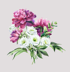 Watercolor bouquet of peonies and eustoma