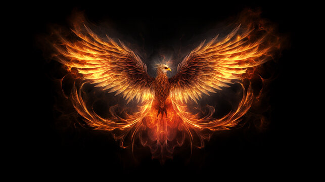 Mythical bird fire phoenix with wings spread out