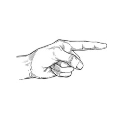 Vector hand-drawn illustration of index finger pointing direction in engraving style. Sketch with sign of hand indication right isolated on white.