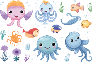 Deurstickers In de zee flat vector illustration,Underwater world, ocean, sea.Cute cartoon charactor.GenerativeAI.