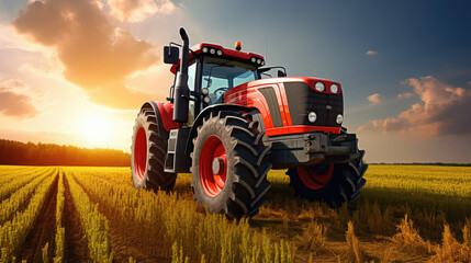 Fototapeta premium Outdoor Argiculture Environment with a Tractor on the Field Landscape Illustration