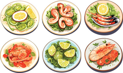 Fototapeta na wymiar Seafood meals set in cartoon style. Squid, shrimp, calamari, fish, mussels with lemon, green salad and tomatoes on plate. Isolated vector illustration.GenerativeAI.