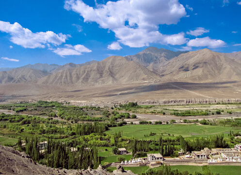 Beautiful view of mountains, Shyok river and houses in Hunder village near Diskit, Ladakh, India
