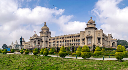 Fototapeta na wymiar Largest legislative building in India - Vidhan Soudha , Bangalore with nice blue sky background.