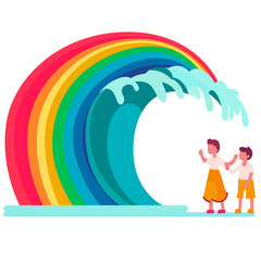 LGBT and KIDS disaster , tsunami , Kids with LGBT wave flat style stock vector image
